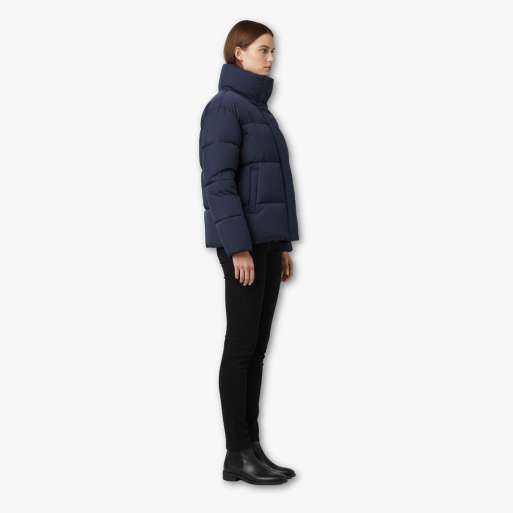 Womens Puffer Jacket with High Collar and Padded Design
